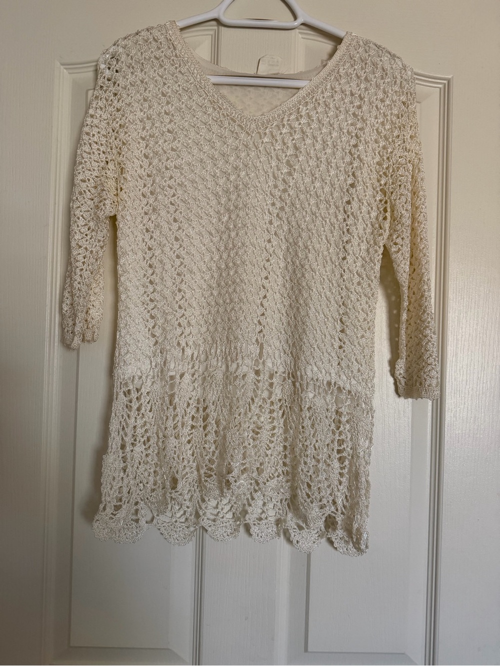 Cream Crochet V-Neck Tunic Sweater